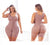 A model wearing a beige body shaper garment with steel boning, designed to sculpt the body, showcasing the product from front and back views.