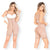 A woman wearing a beige full body shaper with high compression and sculpting effect, featuring adjustable straps and lace accents. The shaper has a front zipper closure.