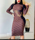 Designer Style Knee-Length Pencil Cut Dress in Brown with Black Stripes and Puff Sleeves