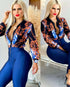 Buchón Style Blouse with Chain Print in Orange, Blue, and Black | Bold and Stylish Look