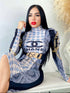 Blue and Black Pencil Cut Dress with Chain Print - Elegant Puff Sleeves and High Collar