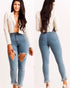 High waisted jeans with a distressed