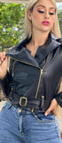 "Black Faux Leather Jacket with Belt and Side Zipper - Divas Collection